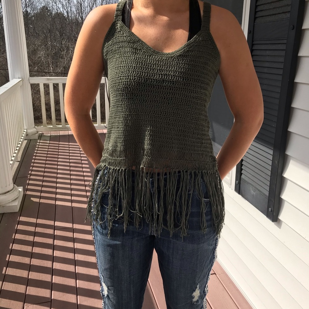 Army green boho crocheted tassel top size large